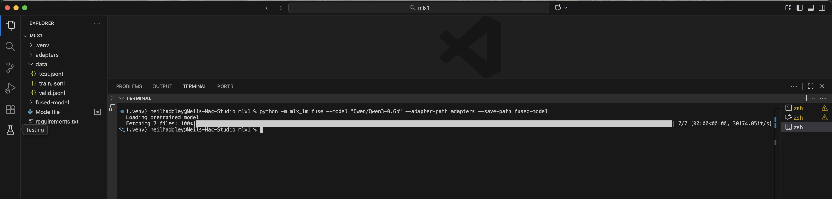 python -m mlx_lm fuse --model "Qwen/Qwen3-0.6b" --adapter-path adapters --save-path fused-model